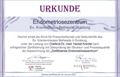 Offizielles Zertifikat für das Endometriosezentrum am Evangelischen Krankenhaus BETHESDA Duisburg