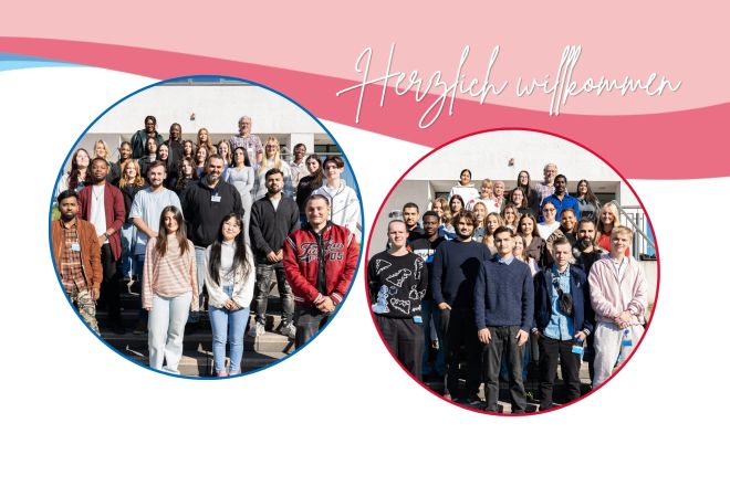 Zwei Gruppen neuer Auszubildender der Pflegeschule stehen für Gruppenfotos auf einer Treppe vor dem Schulgebäude. Die beiden Aufnahmen sind in runden Bildausschnitten angeordnet und mit dem Schriftzug „Herzlich willkommen“ gestaltet.