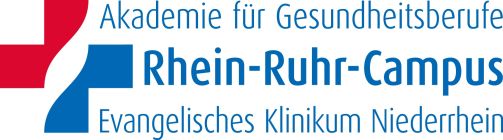 Logo des Rhein-Ruhr-Campus – Akademie für Gesundheitsberufe mit stilisiertem Kreuz in Blau und Rot.