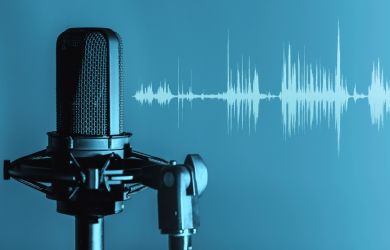 Symbolbild für Podcastbeiträge: Ein Studiomikrofon vor blauem Hintergrund, daneben eine stilisierte Audiowellenform wie aus einem Schnittprogramm.