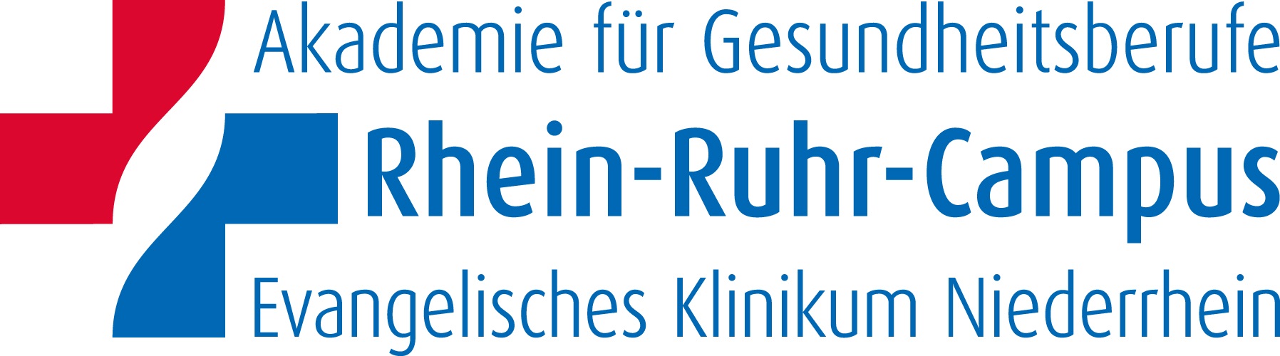 Logo des Rhein-Ruhr-Campus – Akademie für Gesundheitsberufe mit stilisiertem Kreuz in Blau und Rot.