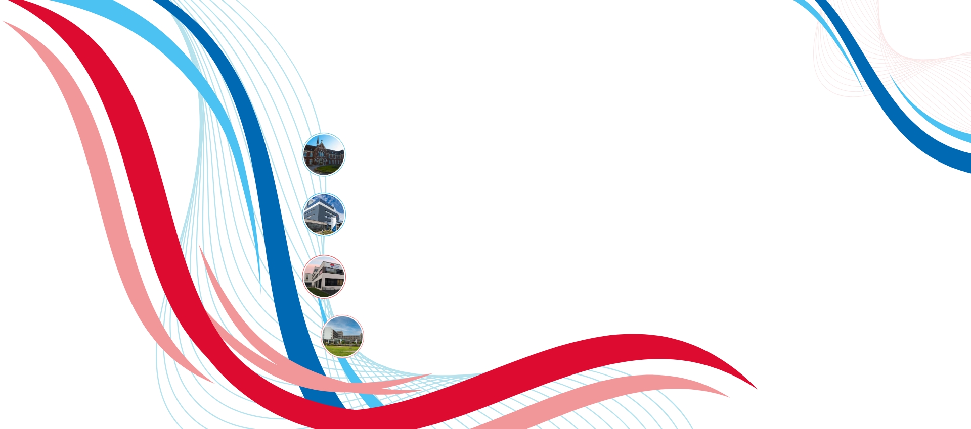 Design-Collage des Klinikverbunds mit geschwungenen roten und blauen Linien und vier runden Fotos der Klinikstandorte auf weißem Hintergrund. Es symbolisiert die Vernetzung und Dynamik des medizinischen Angebots.
